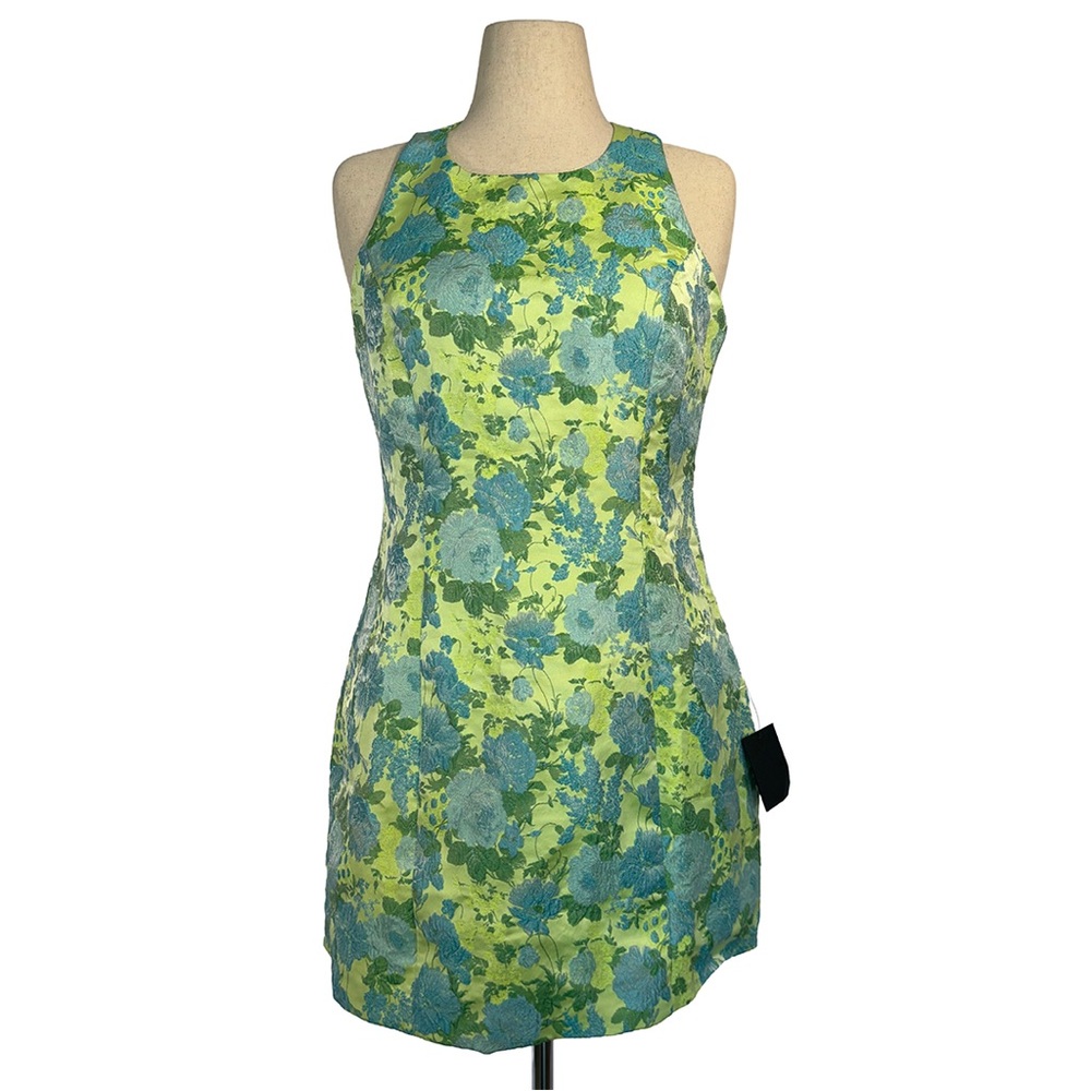 Lulus Ariadna Green and Blue Floral Jacquard Halter Mini Dress